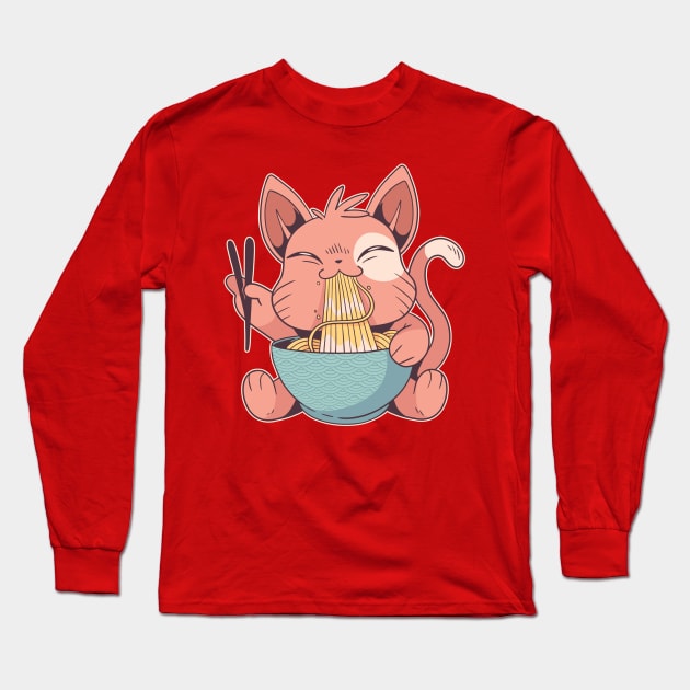 Cat eating ramen noodles Long Sleeve T-Shirt by Dots & Patterns